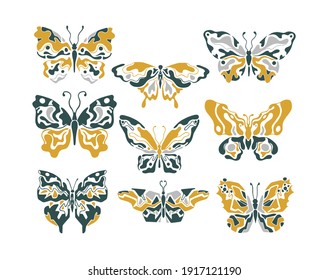 Boho print color geometric.Butterfly set hand drawn fashion.Bohemian minimal shape.Natural and wildlife.Collection decorative element.Graphic modern abstract symbol.Tattoo and textile t-shirt vector