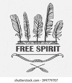 Boho print with feathers, arrows and Indian bow. Vector design with ornamental phrase - Free spirit