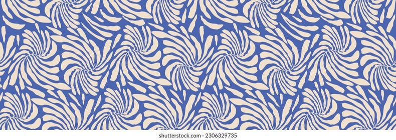 Boho Print. Hand Drawn Irregular Groovy Retro Style Floral Seamless Vector Pattern. Ivory Beige Tropical Leaves made of Wavy Lines Isolated on an Azure Blue Background. Simple Abstract Hippie Print.