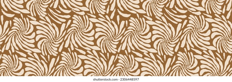 Boho Print. Hand Drawn Irregular Groovy Retro Style Floral Seamless Vector Pattern. Ivory Beige Tropical Leaves made of Wavy Lines Isolated on a Brown Background. Simple Abstract Hippie Print.