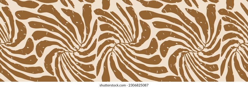 Boho Print. Hand Drawn Irregular Groovy Retro Style Floral Seamless Vector Pattern. Brown Tropical Leaves made of Wavy Lines Isolated on an Ivory Beige Background. Simple Abstract Hippie Print.