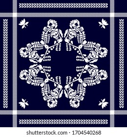 Boho print with skeletons. Abstract framed pattern with paisley elements. Man fashion textile collection. White on dark blue background.