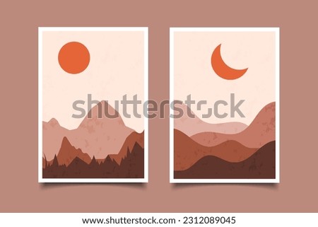  Boho printable wall art abstract sun and moon modern landscape set
