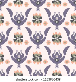 Boho Purple Floral Pattern, Seamless Vector Hand Drawn Folk Style Flower Illustration for Trendy Fashion Prints, Wallpaper, Stationery, Elegant Home Decor, Gift Wrap & Pink Orange Retro Backgrounds