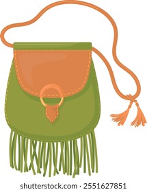 Boho purse cartoon icon. Crossbody leather handbag isolated on white background