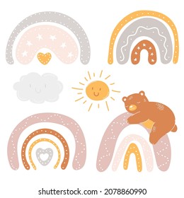 Boho Rainbow. Abstrakter Bärenbogen, minimalistischer Bogen. Kinderzimmer und Kinderzimmer. Frische Tierbestände Moderne, handgezeichnete, handgezeichnete Illustration einzeln auf weißem Hintergrund.