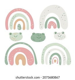 Boho rainbow, abstract minimalist arch with frog. Nursery and baby room. stock modern trendy hand drawn flat illustration isolated on white background.