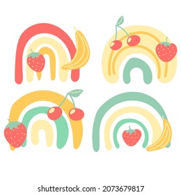 arco iris boho, arco abstracto de frutas minimalista. Fresa, cereza, plátano. La guardería y el cuarto de bebé. imagen plana de moda moderna a mano aislada de fondo blanco.