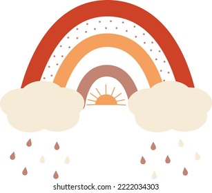 El arcoiris de Boho en color beige con nubes y lluvia. estilo FLat.