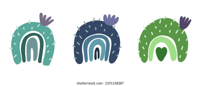 Boho rainbow cactus succulent set. Nursery prickly Rainbow cacti cactus plant with thorns. Doodle cute home flower. Vector illustration on a white background.