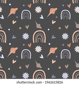 Boho rainbow childish seamless pattern on grey background. Cute design for baby nursery, wallpaper, gift wrapping paper etc