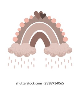 Boho rainbow with cloud in a naive children's style. Autumn colored illustration. Rainbow in warm pastel colors. Clipart for the design of greeting cards, invitations, prints, stickers and patterns.
