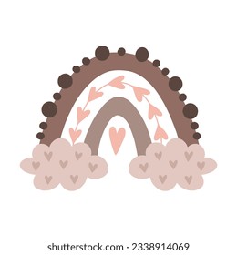 Boho rainbow with cloud in a naive children's style. Autumn colored illustration. Rainbow in warm pastel colors. Clipart for the design of greeting cards, invitations, prints, stickers and patterns.