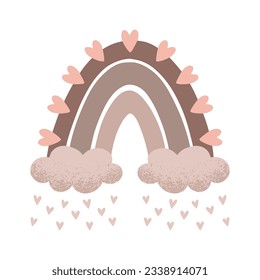 Arcoiris boho con nubes en un estilo infantil ingenuo. Ilustración de color otoñal. Arcoiris en cálidos colores pastel. Clipart para el diseño de tarjetas de felicitación, invitaciones, impresiones, pegatinas y patrones.
