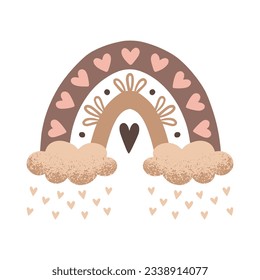 Boho rainbow with cloud in a naive children's style. Autumn colored illustration. Rainbow in warm pastel colors. Clipart for the design of greeting cards, invitations, prints, stickers and patterns.