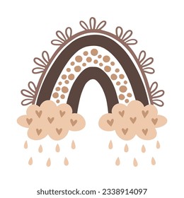 Boho rainbow with cloud in a naive children's style. Autumn colored illustration. Rainbow in warm pastel colors. Clipart for the design of greeting cards, invitations, prints, stickers and patterns.