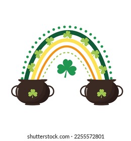 Boho rainbow with clover leaves and pots. St. Patrick's day symbol.