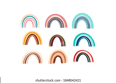  Boho Rainbow Collection. Wall decor in a Bohemian style.Cute rainbows in pastel colors. Hand-drawn vector illustration