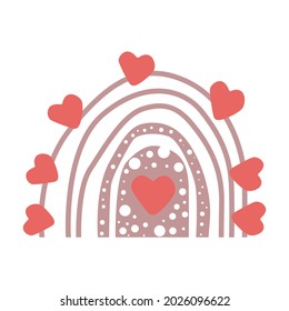 Boho rainbow decorated with hearts and white circles. Abstraction, minimalism. Mid-century wall decor. Design elements for book cover, page template, print, card, brochure, magazine, poster. Vector