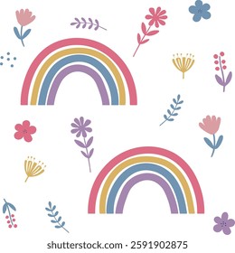 Boho Rainbow and Floral Seamless Pattern in Pastel Colors. Cute Scandinavian Rainbow with Wildflowers, Kids Print
