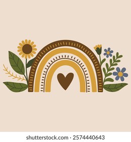 Boho Rainbow with Flowers and Heart Illustration