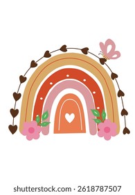 boho rainbow hand drawn element with flower and butterfly