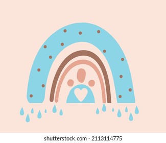 Arcoiris boho con corazones y nubes en colores pastel. Ilustración del material vector dibujado a mano. Un simple símbolo de lluvia. Diseño de doodles escandinavos para niños