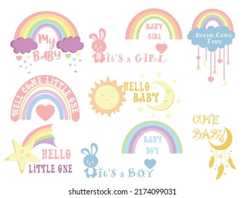 Boho Rainbow Icon Vector Illustration. Its A Boy Girl Sign, Cute Baby Emblem Isolated On White Background, Flat Style For T-shirt Graphic, Newborn Children's Room Wall Decor.