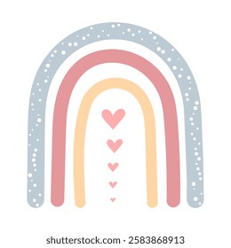 Boho rainbow isolated on white background. Cute hand drawn rainbow with hearts. For greeting card, T-shirt design, wrapping paper, fabric printing. Vector illustration.