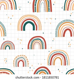 Boho rainbow mid century modern seamless pattern. Vector textile bohemian nursery design