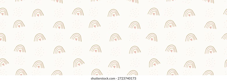 Patrón de arco iris boho con colores pastel crea un fondo de vivero sin fisuras. El diseño escandinavo lindo presenta Formas caprichosas, perfectas para el Fondo de pantalla de los niños y la decoración del arco iris.