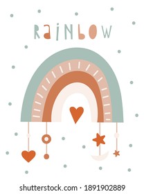 Arcoiris de Boho - afiche para el diseño de guarderías. Ilustración vectorial. Ilustración infantil para ropa de bebé, tarjeta de saludo, papel de envoltura. Dejando arcoiris.