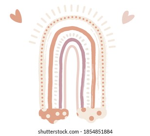Boho Rainbow Print with Clouds For Playroom With Neutral Gender Colors. Vector Illustration. Fabulous Object Isolated on White.