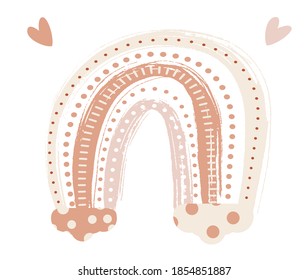 Boho Rainbow Print with Clouds For Playroom With Neutral Gender Colors. Vector Illustration. Fabulous Object Isolated on White.