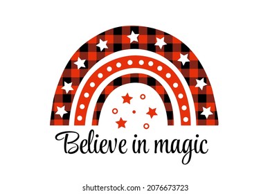 Boho rainbow. Red Boho Christmas isolated ornament. Buffalo plaid sublimation design with stars. Believe in the magic of Christmas. Vector isolated illustration.