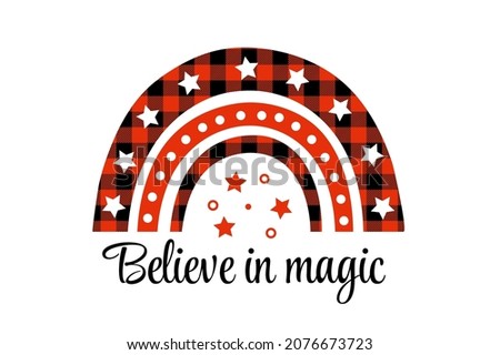 Boho rainbow. Red Boho Christmas isolated ornament. Buffalo plaid sublimation design with stars. Believe in the magic of Christmas. Vector isolated illustration.