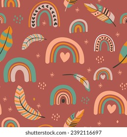 Boho Regenbogen nahtloses Muster. Baby, Vektorgrafik mit Herz. Cute kreative skandinavische Kinder drucken mit Feder, Herz und Pfeil.