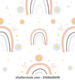 Boho rainbow seamless pattern background. Colorful vector texture for  kids cloth design, baby party invitations, nursery wallpaper, gift wrapping paper etc