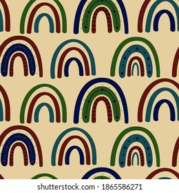 Boho rainbow seamless pattern. Rainbow Bohemian in trendy warm Golden, brown, yellow tones. Modern vector illustration for textile, paper, print design