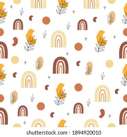 Boho rainbow seamless pattern circles, stars, leaves, yellow, orange  color Modern earthy