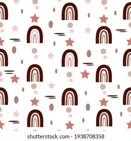 Boho rainbow seamless pattern circles, stars, brown, brick, teracotta, pink colors 