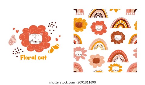 Boho rainbow seamless pattern with lines, dots, fringed. Card with kitten and text Floral cat. Cute cats - flowers. Abstract Vector background. Childish print