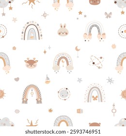 Boho rainbow seamless pattern. Nursery print design with animal faces, planets, rainbows. Decorative fabric, wallpaper template, nowaday vector background