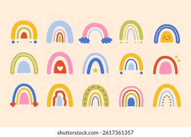 Boho rainbow set. Doodle rainbows clouds sun heart icons, cute abstract childish stickers with sky elements, modern scandinavian bohemian nursery decor. Vector rainbow collection