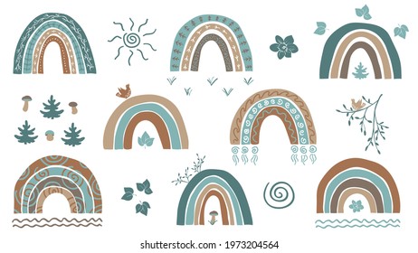 Boho rainbow set with floral pattern on white background. Leaf, branch, fir tree, mushroom and bird, trendy doodle sketch. Forest illustration for baby clothes, linens, wallpaper print, wall decor.