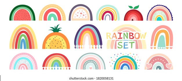 Boho rainbow set isolated on white background. In cute delicate pastel colors. Hand drawing style for posters, prints, cards, fabric, textile, children's books and decorating baby clothes.