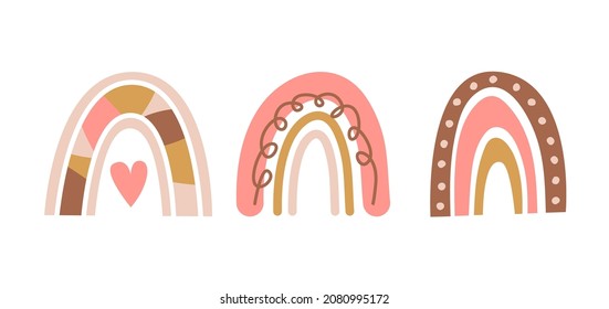 El arcoiris de Boho está decorado en colores neutros. Ilustración vectorial para decoración de vivero, impresión, camiseta.