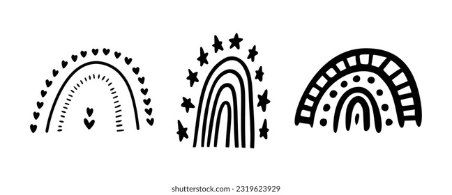 Silueta arcoiris Boho. Arcoiris de mano dibujado al estilo Linocut. Ilustración de vectores de icono mágico celestial aislada en fondo blanco. Clipart bohemiana para logotipo, afiche, diseño de embalaje, impresión de camisetas.