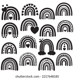 Boho rainbow silhouette,Mystical boho rainbow isolated cliparts bundle, black and white rainbow celestial collection, magic rainbow silhouette,rainbow vector illustration