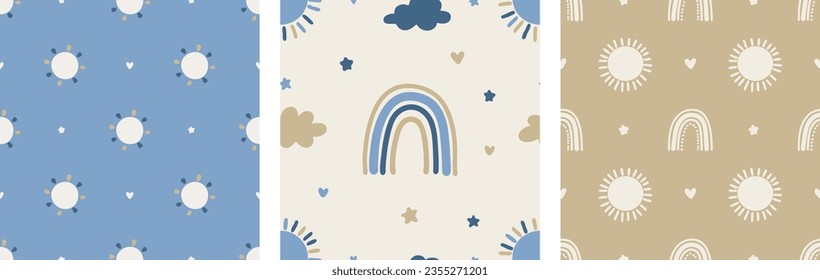 Ilustración de vectores de patrones sin soldadura de la naturaleza neutra Boho Rainbow y Sun Neutry Nursery Cute Nature